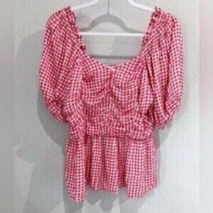 New Jodifl Checkered Puff Sleeve Top Feminine Picnic Mod Boho Cottagecore